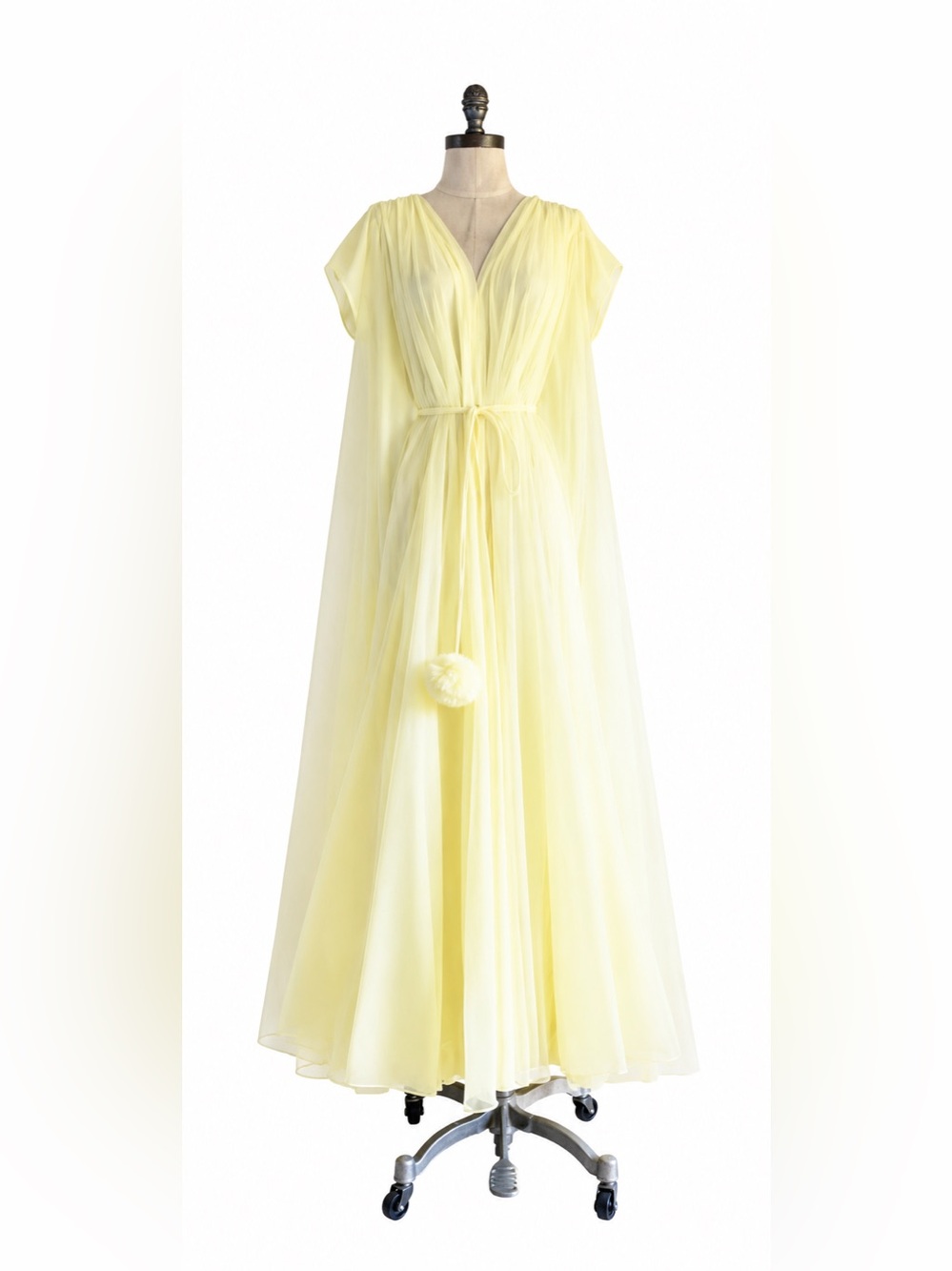 Vintage 1960s Claire Sandra by Lucie Ann Lemon Yellow Chiffon Robe - Pom Pom - M